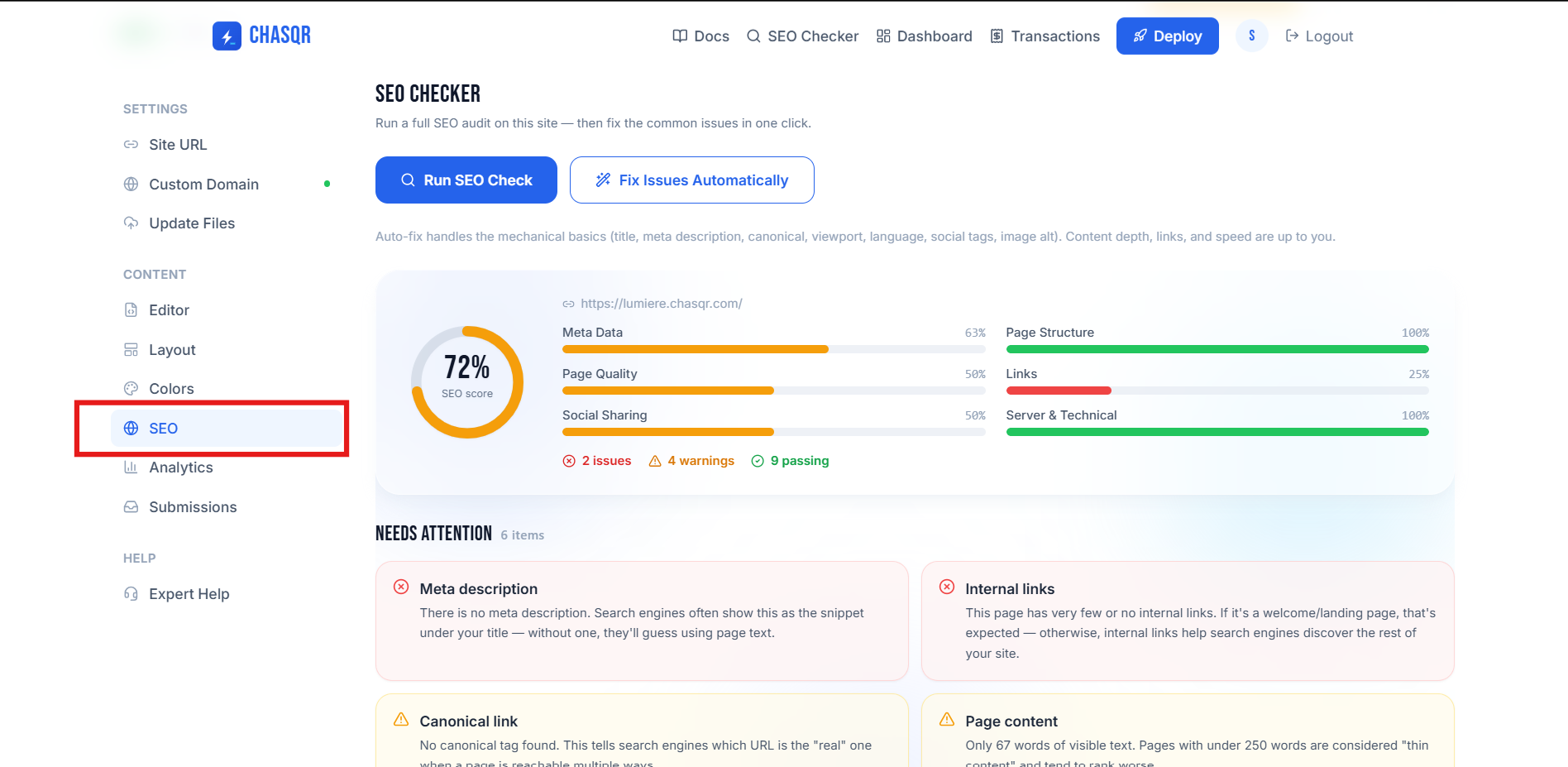 An SEO report — overall score, a breakdown by category, and every issue explained in plain English.