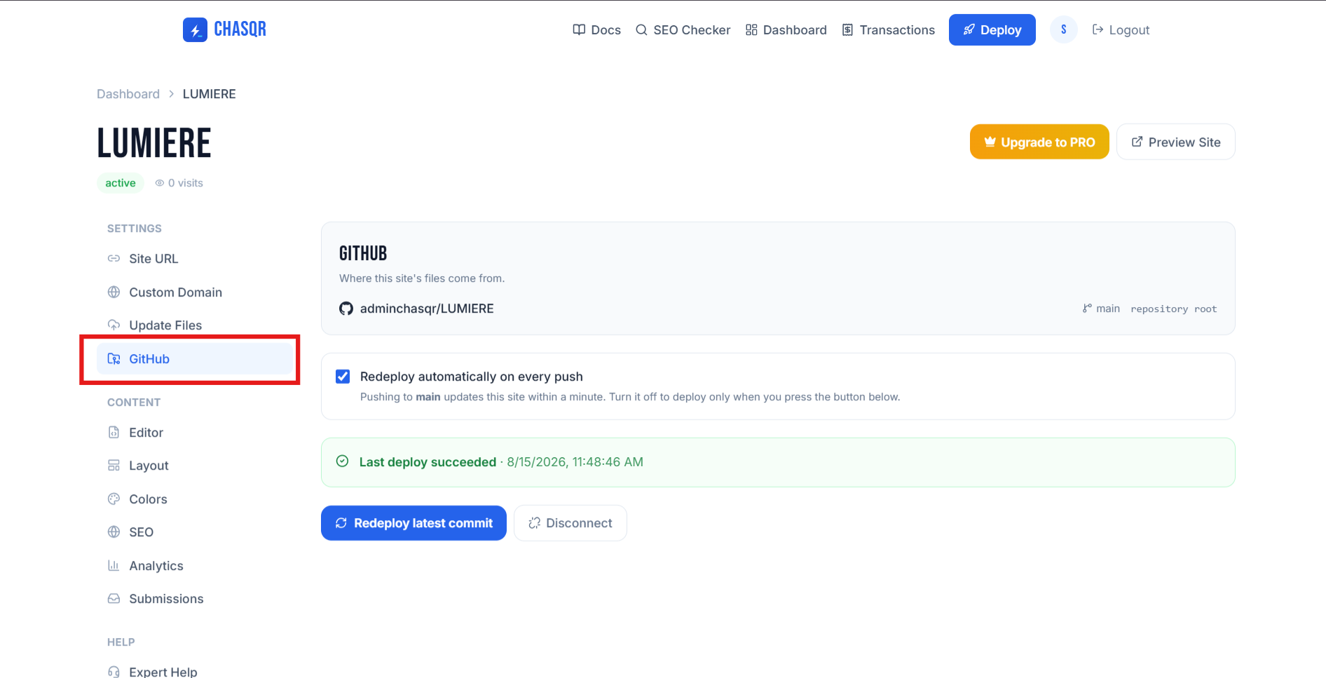 The GitHub tab on a site, showing the connected repo, auto-deploy toggle and last deploy status.